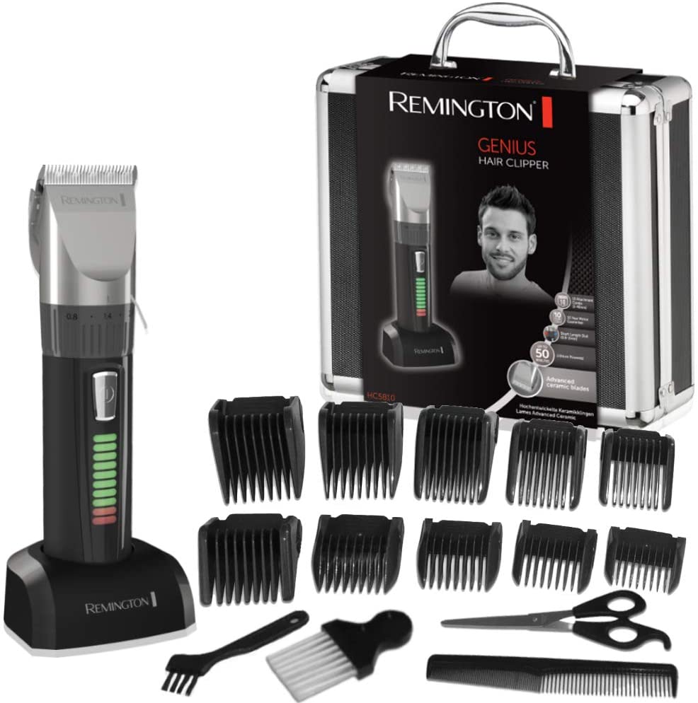 Remington HC5810 Genius Tagliacapelli con lama in Ceramica, ricaricabile, 10 pettini, caratteristiche professionali, Nero/Grigio