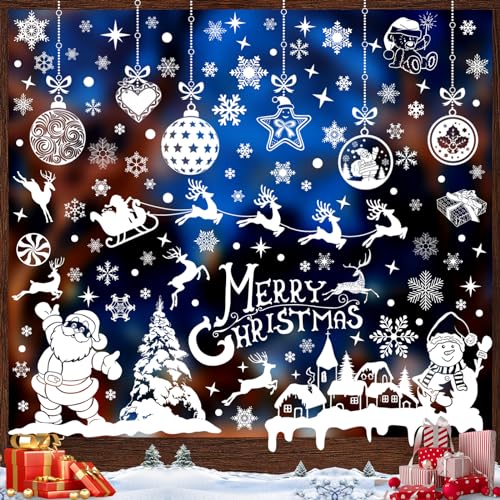 Multper 236 Vetrofanie Natalizie, DIY Decorazioni Natalizie, Riutilizzabili Addobbi Natalizi, Adesivi Natale PVC, Bianche Statico Adesivi Natalizi per Finestre, Fiocco di Neve, Renna, Babbo Natale
