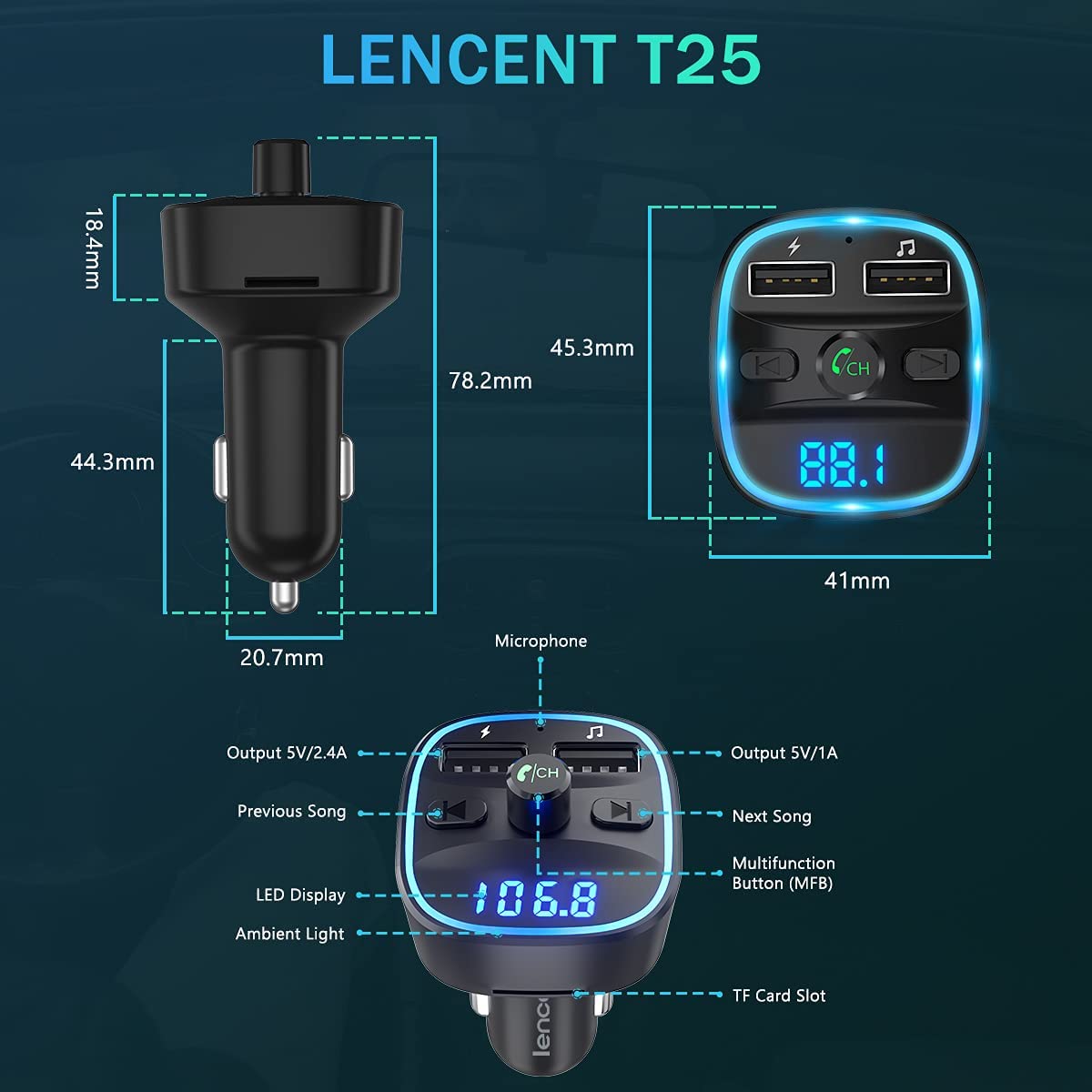 LENCENT Trasmettitore FM Bluetooth, FM Trasmettitore per Auto Radio Ad –