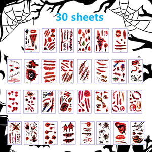 Halloween Cicatrici Tatuaggi, 30 Fogli Halloween FeriteTatuaggi Simulazione di Halloween Tatuaggi di Cicatrici con Ferite Sanguinanti Adesivi Impermeabili per Tatuaggi di Trucco di Halloween