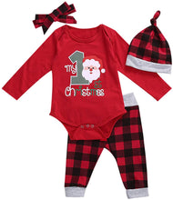 Carica l'immagine nel visualizzatore di Gallery, Bowanadacles Completino Neonato Unisex per Natale 4 Pezzi Pagliaccetto Maniche Lunghe Stampato di Lettere + Pantaloni a Plaid Rosso + Cappello + Fascia Christmas Vestito 0-24 Mesi