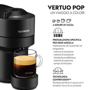 De'Longhi Nespresso Vertuo Pop ENV90.B, Macchina Caffè a Capsule con Tecnologia Centrifusion, 4 Formati in Tazza, Incluso Set di Benvenuto con 12 Capsule, 1260W, Liquorice Black
