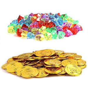 Pllieay 50 Pezzi Monete di Oro del Pirata Plastica e 50 Gemme Pirati... - Ilgrandebazar