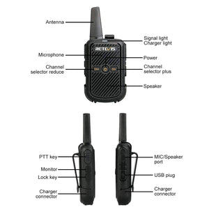 Retevis RT15 Mini Walkie Talkie 2W 208DCS Squelch Professionali 5 Pezzi, Nero - Ilgrandebazar