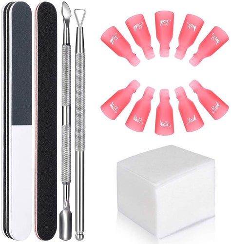 GeekerChip Kit Rimozione Smalto Semipermanente Clip,10 x Clip per Dita,100 x Tamponi di Cotone,2 x Lime per Unghie,1x Curetta,1 x Spingi Cuticole Raschietto