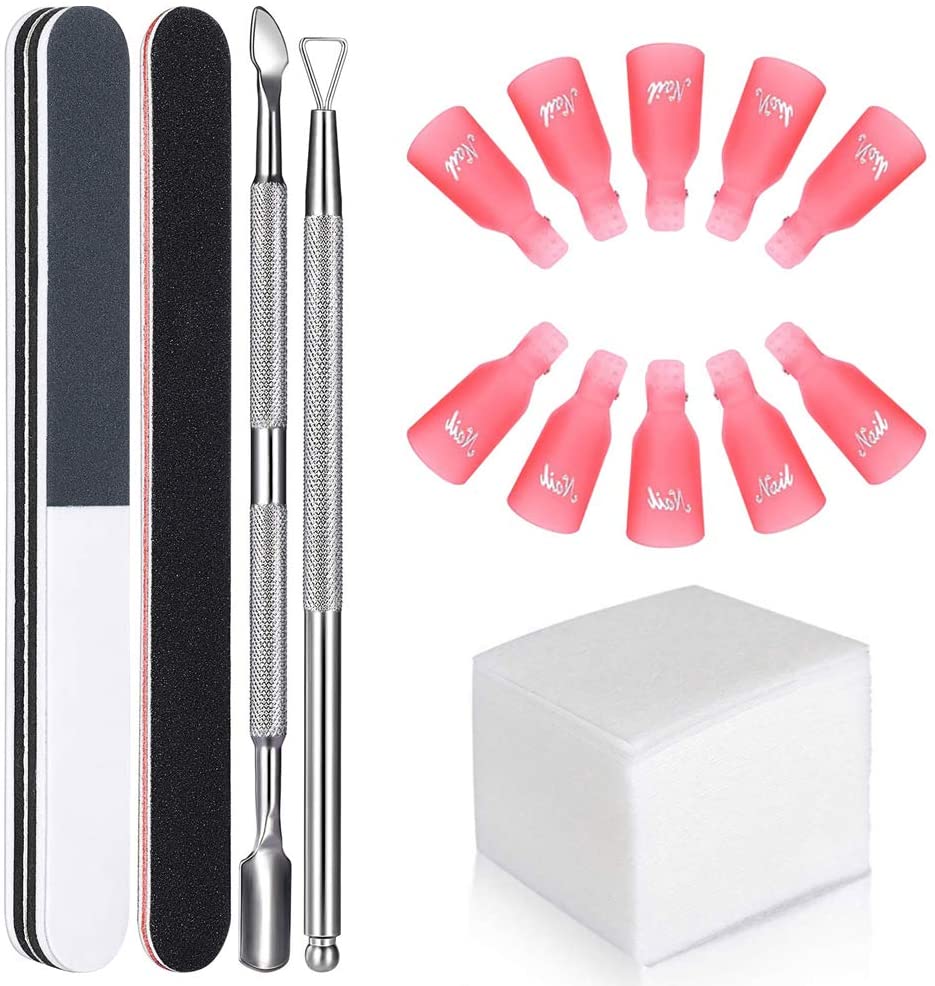 GeekerChip Kit Rimozione Smalto Semipermanente Clip,10 x Clip per Dita,100 x Tamponi di Cotone,2 x Lime per Unghie,1x Curetta,1 x Spingi Cuticole Raschietto