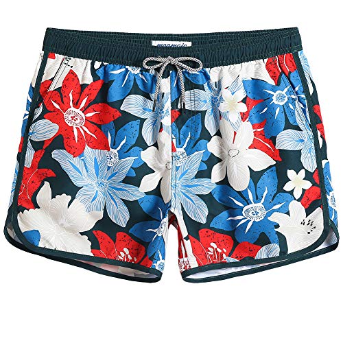 MaaMgic Uomo Costume da Bagno Nuoto Calzoncini XS, Fiori Bianchi Blu Rossi