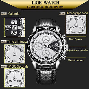 Orologio da Uomo,LIGE Impermeabile Cronografo Cinturino in Argento Bianco - Ilgrandebazar