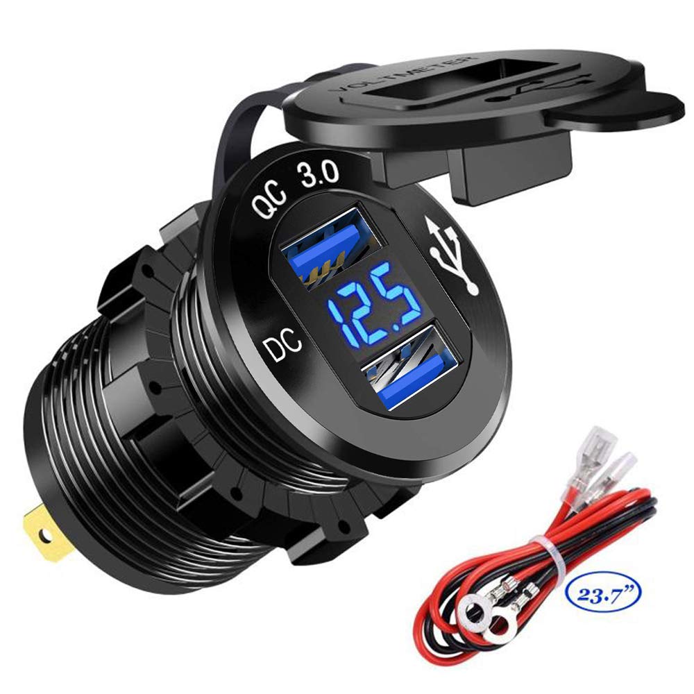 GemCoo QC3.0 Presa USB per Auto Doppio in Alluminio, 12V / 24V 36W 2 Blu