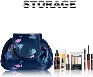 Borsa per il trucco con coulisse pigra Borsa per cosmetici da viaggio grande Portatile Borsa per cosmetici da viaggio Custodia per il trucco da viaggio per donna Ragazza (Fenicottero blu scuro) Dark Blue Flamingo