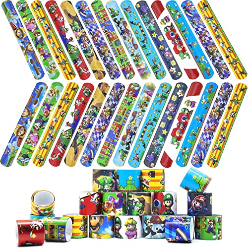 HEAWAA 30 Pezzi Braccialetti Slap per Bambini, Bracelets Gadget a Scatto Bracciali Divertenti Rotoli in Vinile per Bambini, Ragazze e Ragazzi Feste Compleanno Birthday (Mario)