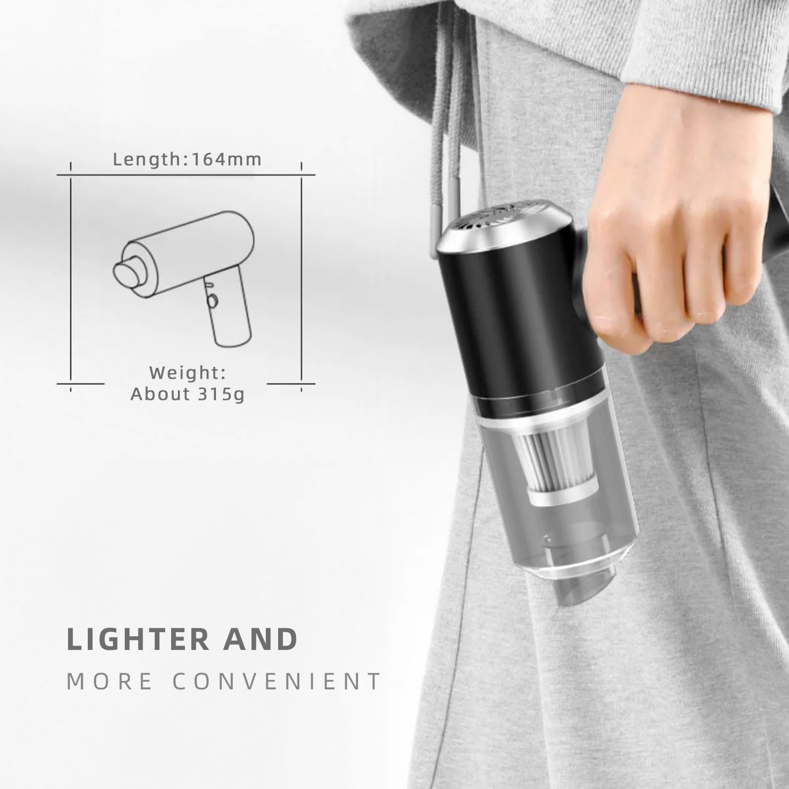 Aspirapolvere Auto Senza Filo 120W - 6000Pa, Ricaricabile USB, Con LED E Accessori, Nero - Foto 3