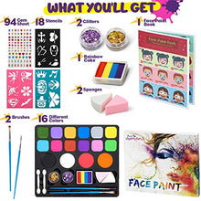 Carica l&#39;immagine nel visualizzatore di Gallery, Jojoin Colori Trucco Viso Bambini, 16 Colori Body Painting Tavolozza con 4 Grandi Colori di Base, Split Cake Face Paint, 94 Gemma, Non Tossico - Base d&#39;acqua - Kit Trucco Carnevale di Halloween