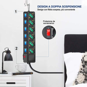 Extrastar Multipresa ciabatta elettrica 6 Posti 10/16A Bipasso Schuko 250V Max:2500W con interruttori indipendenti 1,5MT(Nero)