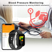 Carica l&#39;immagine nel visualizzatore di Gallery, KUNGIX Smartwatch Orologio Fitness Trakcer Pressione Sanguigna Monitor Cardiofrequenzimetro da Polso Bluetooth Smart Watch Schermo a Colori Impermeabile IP68 per Donna Uomo (Nero)