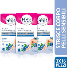 Carica l&#39;immagine nel visualizzatore di Gallery, Veet Strisce Depilatorie Corpo e Gambe per Pelli Sensibili, 3 Confezioni da 16 Strisce