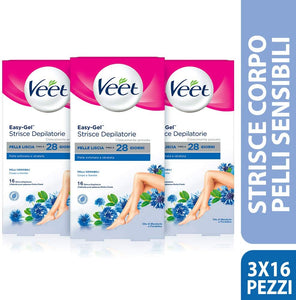 Veet Strisce Depilatorie Corpo e Gambe per Pelli Sensibili, 3 Confezioni da 16 Strisce