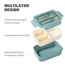 Carica l&#39;immagine nel visualizzatore di Gallery, Diboniur Lunch Box, Porta Pranzo con Posate, 1400ml Bambino Adulto Bento Box con 3 Scomparti, Schiscetta Contenitore Pranzo per Microonde Lavoro Picnic Ufficio (Blu)