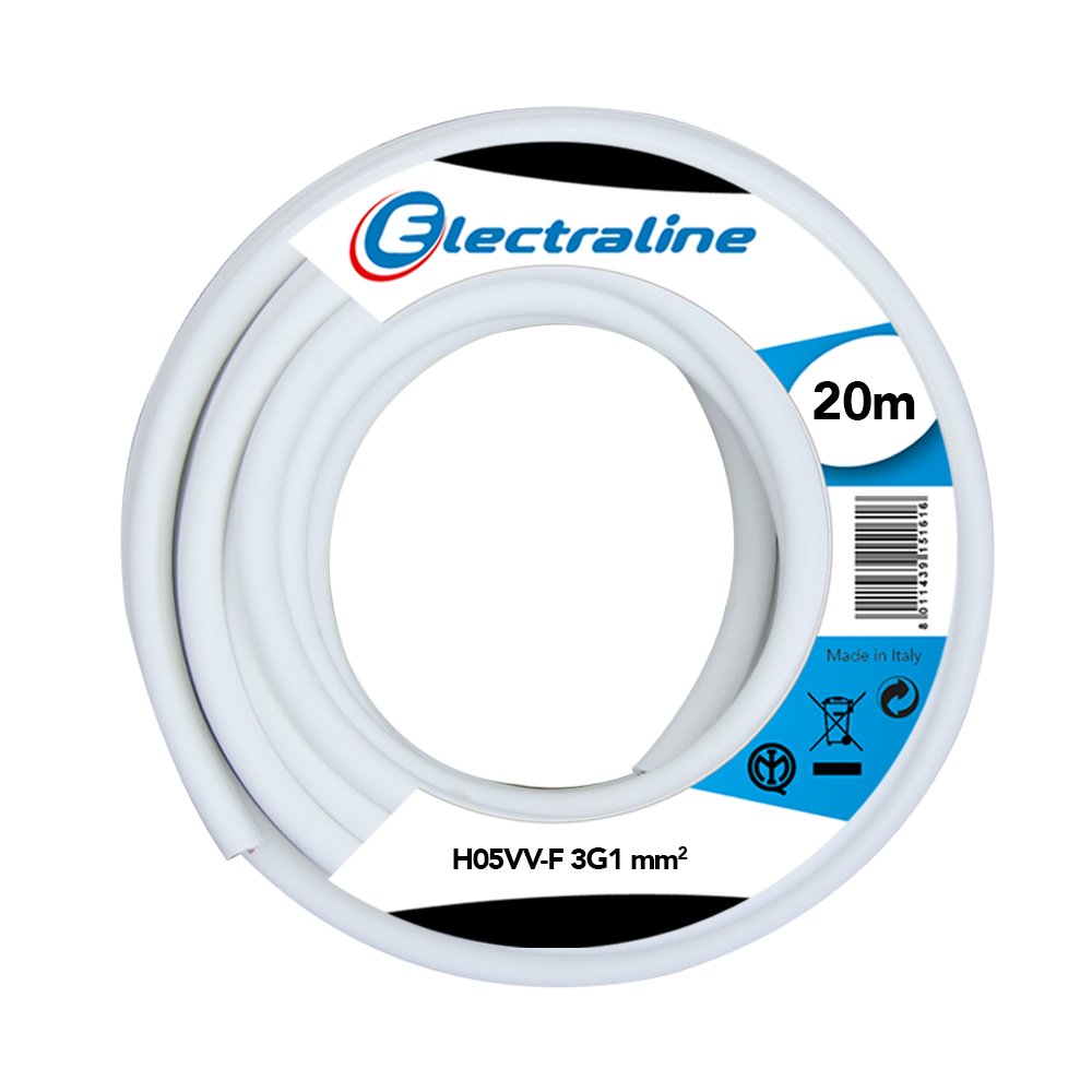 Electraline 11725 H05VV-F Cavo per Prolunghe, Sezione 3x1 mm, 20 M, Bianco - Ilgrandebazar