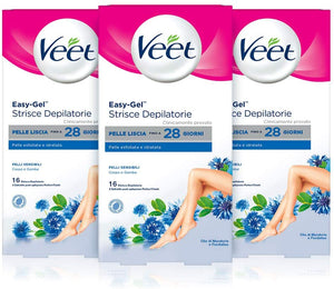 Veet Strisce Depilatorie Corpo e Gambe per Pelli Sensibili, 3 Confezioni da 16 Strisce