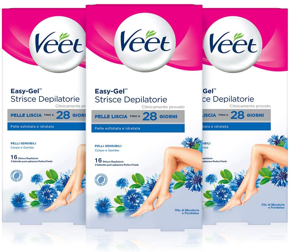 Veet Strisce Depilatorie Corpo e Gambe per Pelli Sensibili, 3 Confezioni da 16 Strisce
