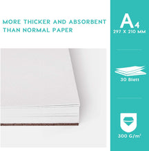 Carica l&#39;immagine nel visualizzatore di Gallery, Carta acquerello,30 fogli disegno acquerello carta 300 gsm A4 Carta per acquerello Carta, Senza acidi Carta stampata a freddo per pittura ad acquerello e tecnica mista, bianco
