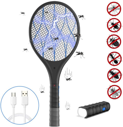 Racchetta Zanzare Elettrica Ricaricabile 2 in 1, Swatter Insetti Elettrico 3800V con 2 Luce LED, Racchetta Anti Insetti con Manico Staccabile, Torcia Rimovibile, Protezione Maglia a Doppio Strato