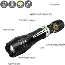 Carica l&#39;immagine nel visualizzatore di Gallery, Tattico torcia CREE LED 2000LUMEN super luminoso regolabile Focus XML T6 Torcia portatile campeggio impermeabile 5 modalità luce, Carica USB con 2 batterie