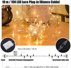 JUMKEET Catena Luminosa, 10m 100LED Luci Brillanti Filo di Rame - Impermeabile Presa Ideale per Compleanno Decorazioni Natalizie Feste di Natale Ecc Luce Bianca Calda [2 Pacchi]