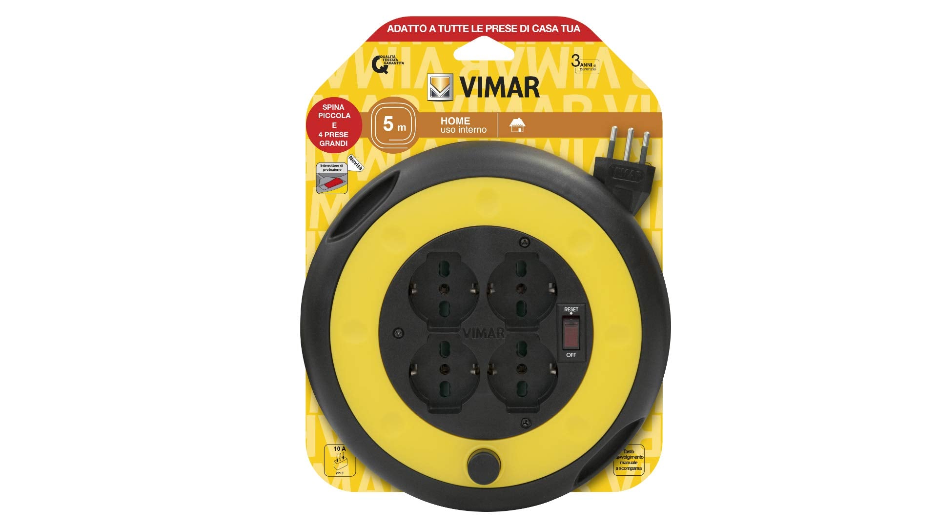 Vimar Avvolgicavo Da 10 Metri Con 4 Prese Universali + Secondo Avvolgicavo Da 5 Metri, Nero/Giallo