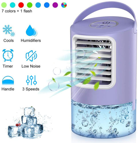 Mini Condizionatore d'aria Portatile, 4 in 1 Raffreddatore d'aria Personal, Umidificatore con Ventilatore con 7 LED Colori Variabili, 3 Velocità, 2/4H Timer, Basso Rumore per Casa e Ufficio