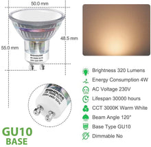 Carica l&#39;immagine nel visualizzatore di Gallery, Lampadina LED GU10, 4Watt Pari ad alogene da 50Watt, 320LM, Luce Bianca Calda 3000K, Angolo del Fascio di 120 Gradi, Spot Lampadina LED Classic Faretto(6 pezzi)