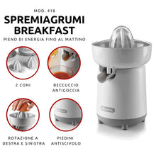 Carica l'immagine nel visualizzatore di Gallery, Ariete Spremiagrumi Breakfast 418, Spremiagrumi Elettrico con 2 Coni per Frutti Grandi e Piccoli, Beccuccio Salvagoccia, Doppia Rotazione, Coperchio di Protezione, Piedini Antiscivolo, 40W, Beige