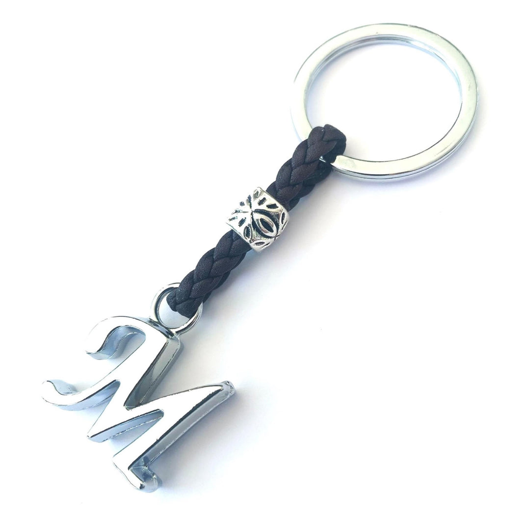 Portachiavi in Pelle Personalizzato con Iniziali - Lettere e Perline in zama placcate in Argento - Portachiavi da Uomo o da Donna - Ideale per i Regali (M)