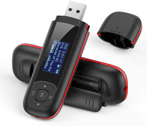 AGPTEK Lettore MP3 portatile da 8 GB, display LCD da 1 pollici, chiavetta USB con FM, registrazione U3, nero e rosso