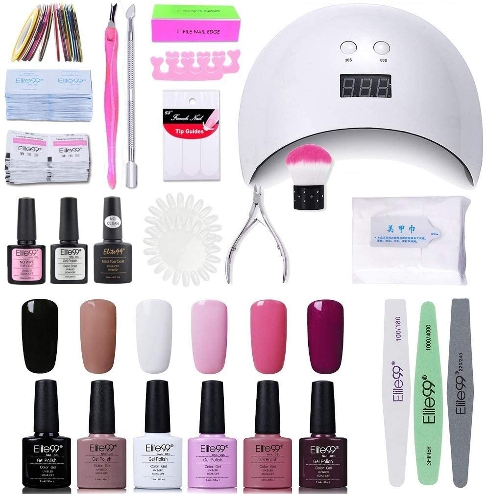 Elite99 Smalto Semipermanente per unghie Kit di Partenza in 6 coloris Gel 24 W LED Lampada UV Nail Dryer Soak Off Topcoat Basecoat Nail Art Tool Set di Adesivi per Manicure Set per Manicure 10ML C001