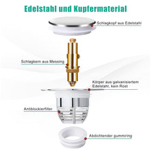 Carica l&#39;immagine nel visualizzatore di Gallery, Diboniur Tappo Lavandino Bagno, Tappo Bidet Universale Pop up，Tappo di scarico in metallo per vasca da bagno, cucina, lavabo (apertura foro di scarico 32-42 mm), D&#39;argento