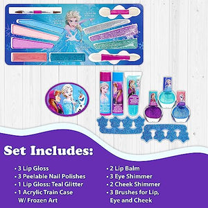Disney Frozen - Townley Girl Il set per il trucco cosmetico Train Case include lucidalabbra, luccichio per gli occhi, pennelli, accessori per smalto e altro