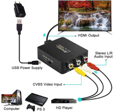 Carica l'immagine nel visualizzatore di Gallery, AMANKA Mini AV a HDMI Convertitore Adattatore,1080P Composito RCA CVBS a HDMI Convertitore con Cavo USB per TV PC PS3 Blue-Ray DVD XBOX SKY HD VHS VCR,Nero