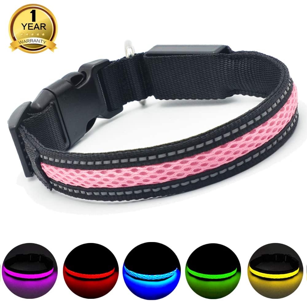 MASBRILL LED Collare di Cane USB Ricaricabile Sicurezza Lampeggiante Collare di Cane di Base Fibbia Regolabile Mesh Tessitura Fibra Ottica Piatta a Prova di Cane LED Collare Collana per Cane