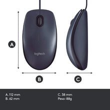 Carica l'immagine nel visualizzatore di Gallery, Logitech B100 Mouse USB Cablato, 3 Pulsanti, Rilevamento Ottico, Ambidestro, PC/Mac/‎Laptop, ‎Nero