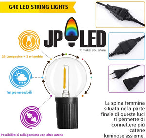 JP-LED Catena Di Luci LED【 Con 27 Lampadine Led G40 】Luci Da Esterno E Da Arredamento 【 Lunghezza 10,6 M 】Catena Luminosa Per Giardino, Casa, Decorazioni, Feste, Matrimonio, Natale