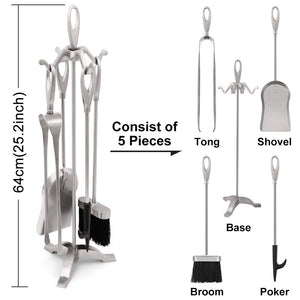 Set di Strumenti per Caminetti 5 Pezzi in Argento Porta Attrezzi, Silver - Ilgrandebazar