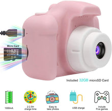 Carica l'immagine nel visualizzatore di Gallery, GlobalCrown Fotocamera Bambini,Mini Ricaricabile Fotocamera Digitale per Bambini Videocamera Regali per Ragazze Ragazzi da 3-8 Anni,8MP Video HD Schermo da 2 Pollici (Scheda 32 GB Inclusa) Rosa