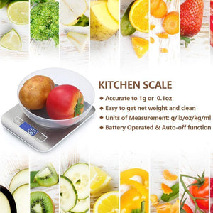 Bilancia da Cucina Smart Digitale con Funzione Tare,5kg/11 lbs Acciaio Inox Bilancia Elettronica per la Casa e la Cucina con 5 Measuring Units e Precisione 1g,Bianca,(2 Batteries Incluse)