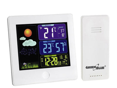 GreenBlue - Stazione meteo radio con sensore esterno, calendario, bianco - Ilgrandebazar