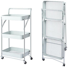 Carica l'immagine nel visualizzatore di Gallery, Carrello Cucina Pieghevole Multiuso con Manico 3 Ripiani Cestelli 4 Ruote girevoli e Freno Integrato in Metallo Trolley Salvaspazio da Servizio Bianco