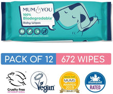 Carica l'immagine nel visualizzatore di Gallery, Mum &amp; You Salviettine Umidificate 100% Biodegradabili, Vegane, Confezione Riciclabile, Confezione da 12, (672 Salviettine). 99,4% Acqua, 0% Plastica, Ipoallergeniche e Dermatologicamente Testate
