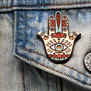 Telestic Design Hamsa Sacro Protezione Simbolo Legno Spilla | Mano di Fatima... - Ilgrandebazar