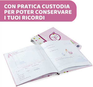 Chicco Album dei Ricordi Rosa, Libro Nascita per Neonati e Bambini, Diario con Spazi per Note e Fotografie, con Adesivi e Metro Muro per Seguire la Crescita del Bambino - Regalo Neonata 0+ Mesi